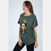 Green Stone Washed Frida Kahlo Printed Cotton Women Top - 